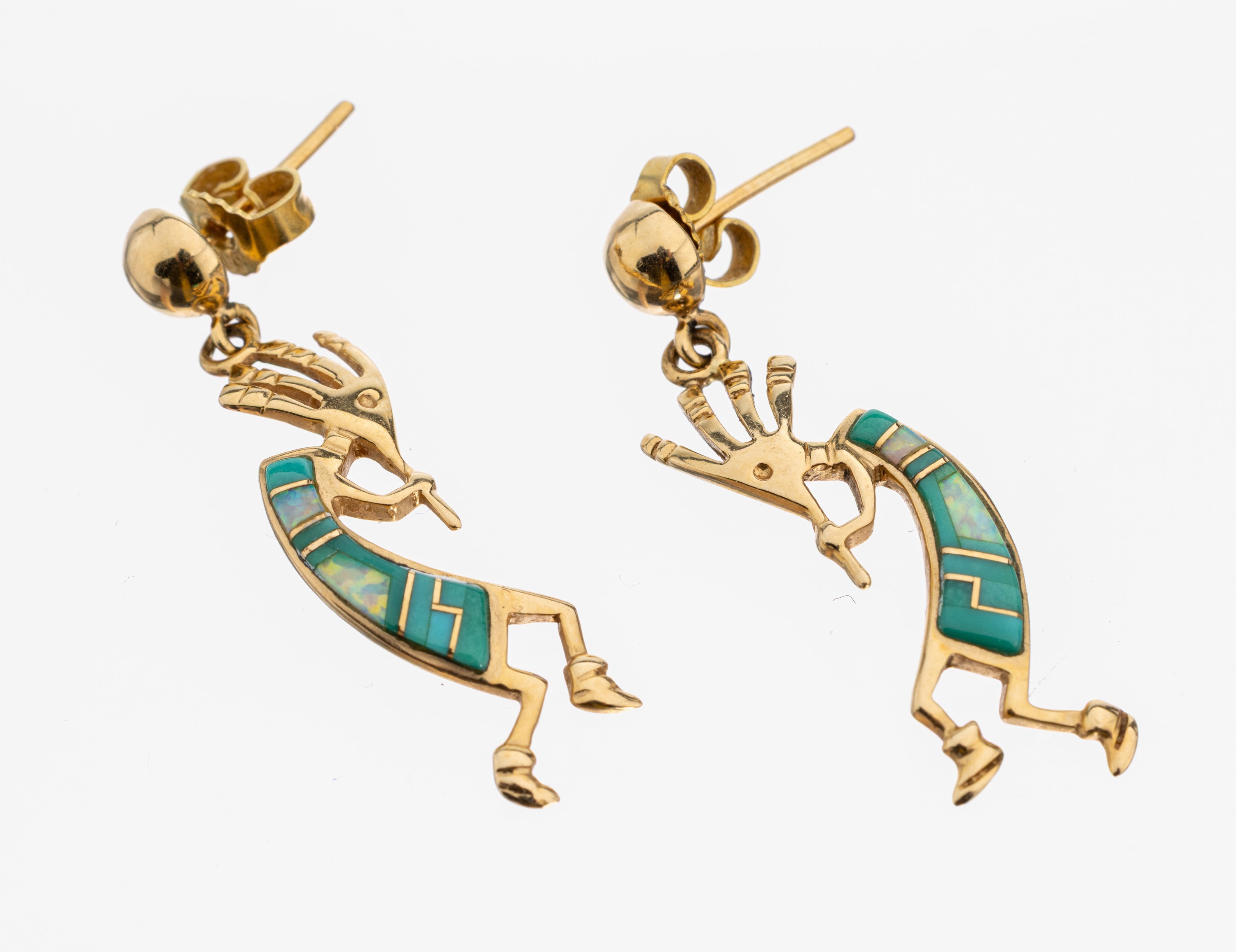 Image 27099534 - Paar 14 kt Gold Türkis-Opal-Ohrstecker, GG 585/000, bewegl. Abhängung in Form des ...