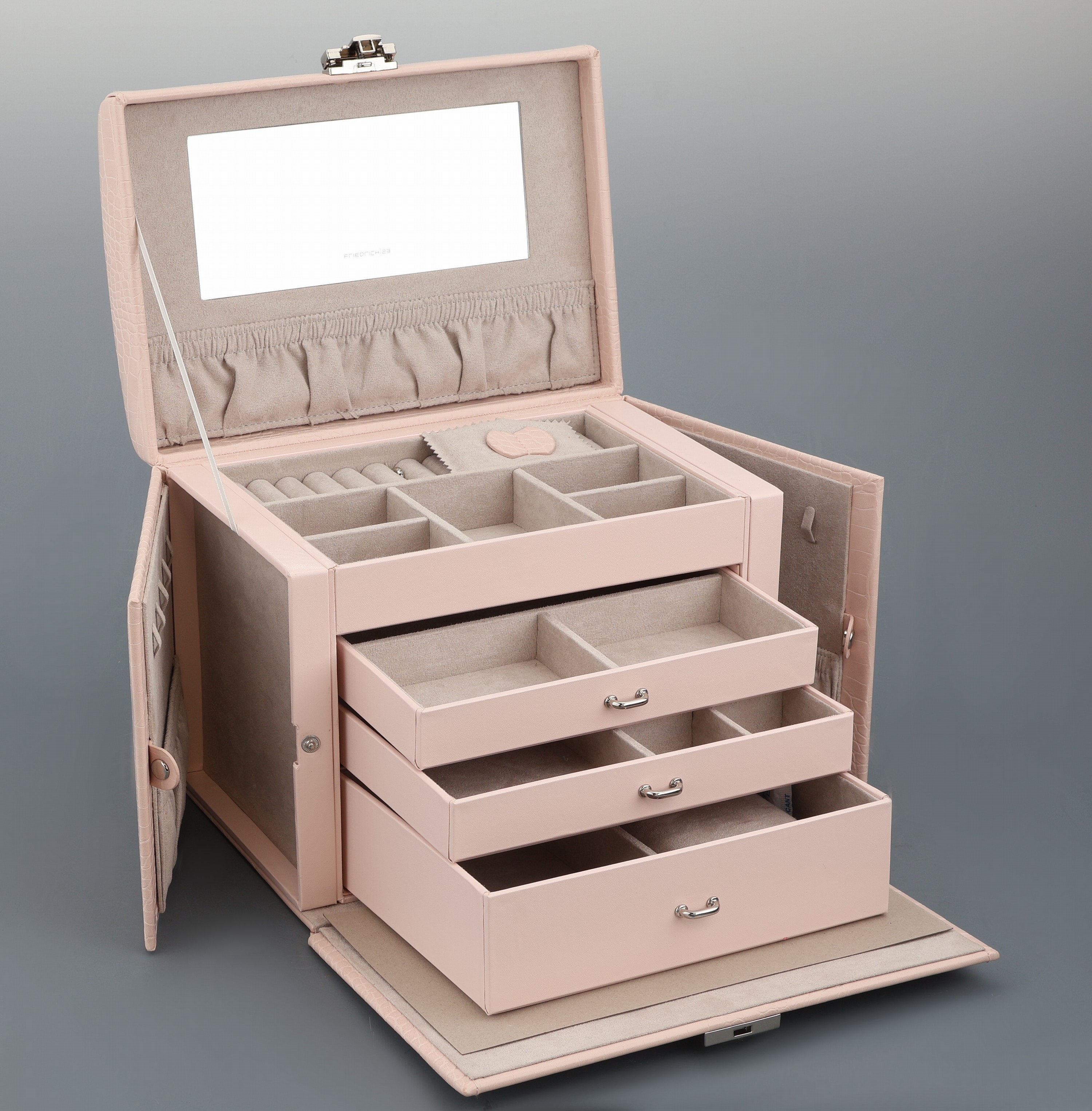 Detail b: Altrosafarb. Schmuckkoffer in Kroko-Optik, Limited Edition, Feinsynthetik, 5 Fächer und ein Abdeckkissen im oberen Bereich, 3- geteiltes Fach in der ...