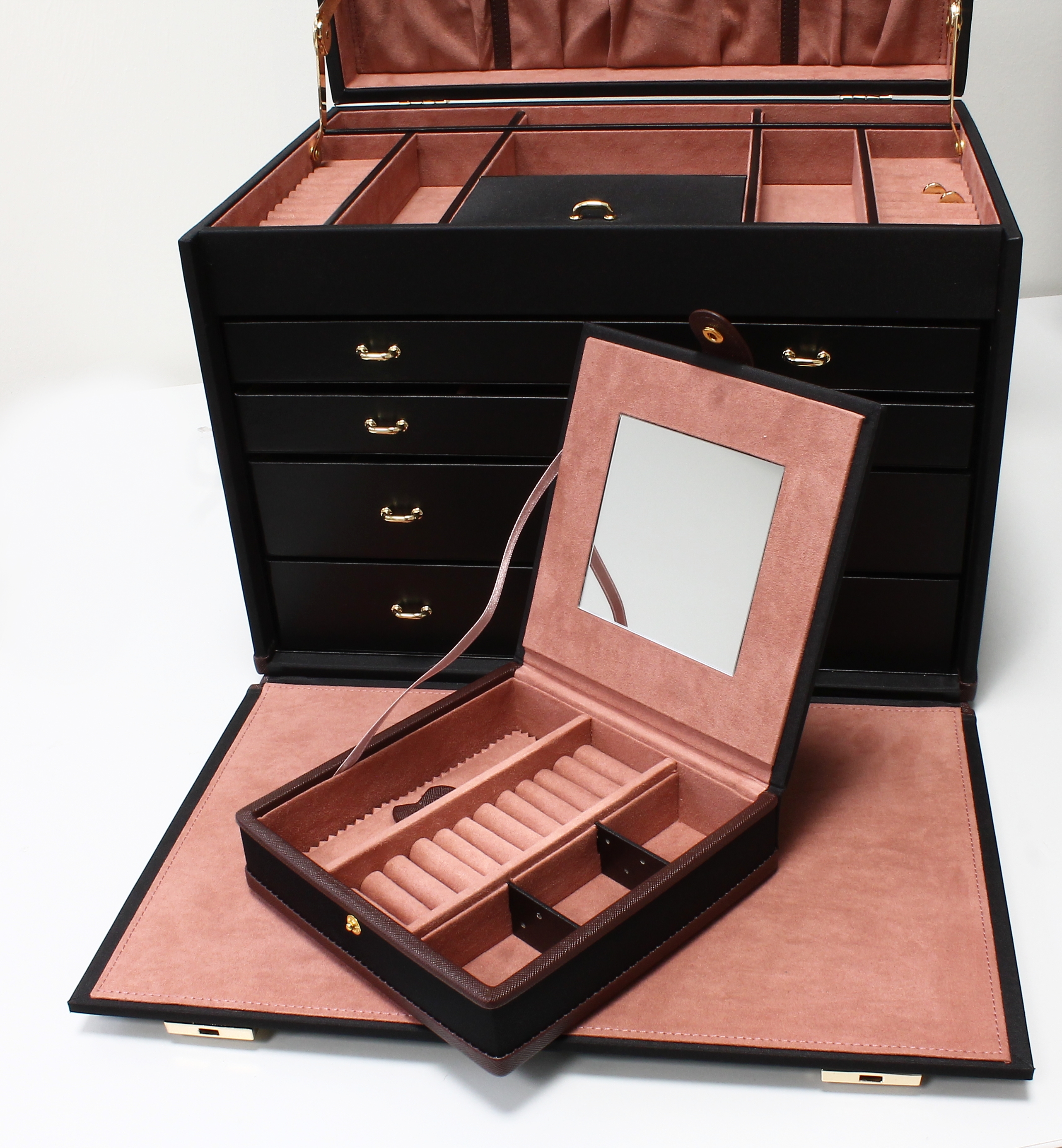 Image 27100044 - XXL Schmuckkoffer aus schwarzer Mikrofaser, handgefertigt, massiver Holzkorpus, schwarze ...