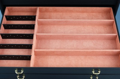 27100044b - XXL Schmuckkoffer aus schwarzer Mikrofaser, handgefertigt, massiver Holzkorpus, schwarze ...