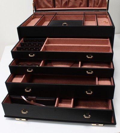 27100044e - XXL Schmuckkoffer aus schwarzer Mikrofaser, handgefertigt, massiver Holzkorpus, schwarze ...