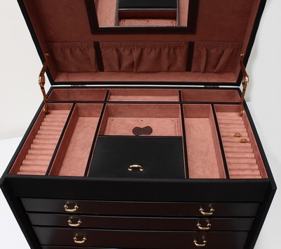 27100044f - XXL Schmuckkoffer aus schwarzer Mikrofaser, handgefertigt, massiver Holzkorpus, schwarze ...