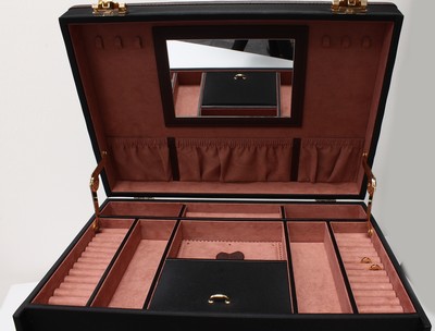 27100044g - XXL Schmuckkoffer aus schwarzer Mikrofaser, handgefertigt, massiver Holzkorpus, schwarze ...