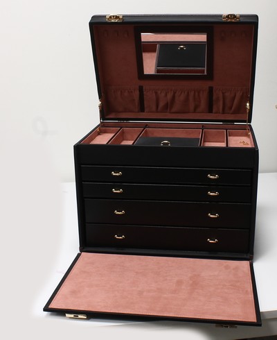 27100044h - XXL Schmuckkoffer aus schwarzer Mikrofaser, handgefertigt, massiver Holzkorpus, schwarze ...