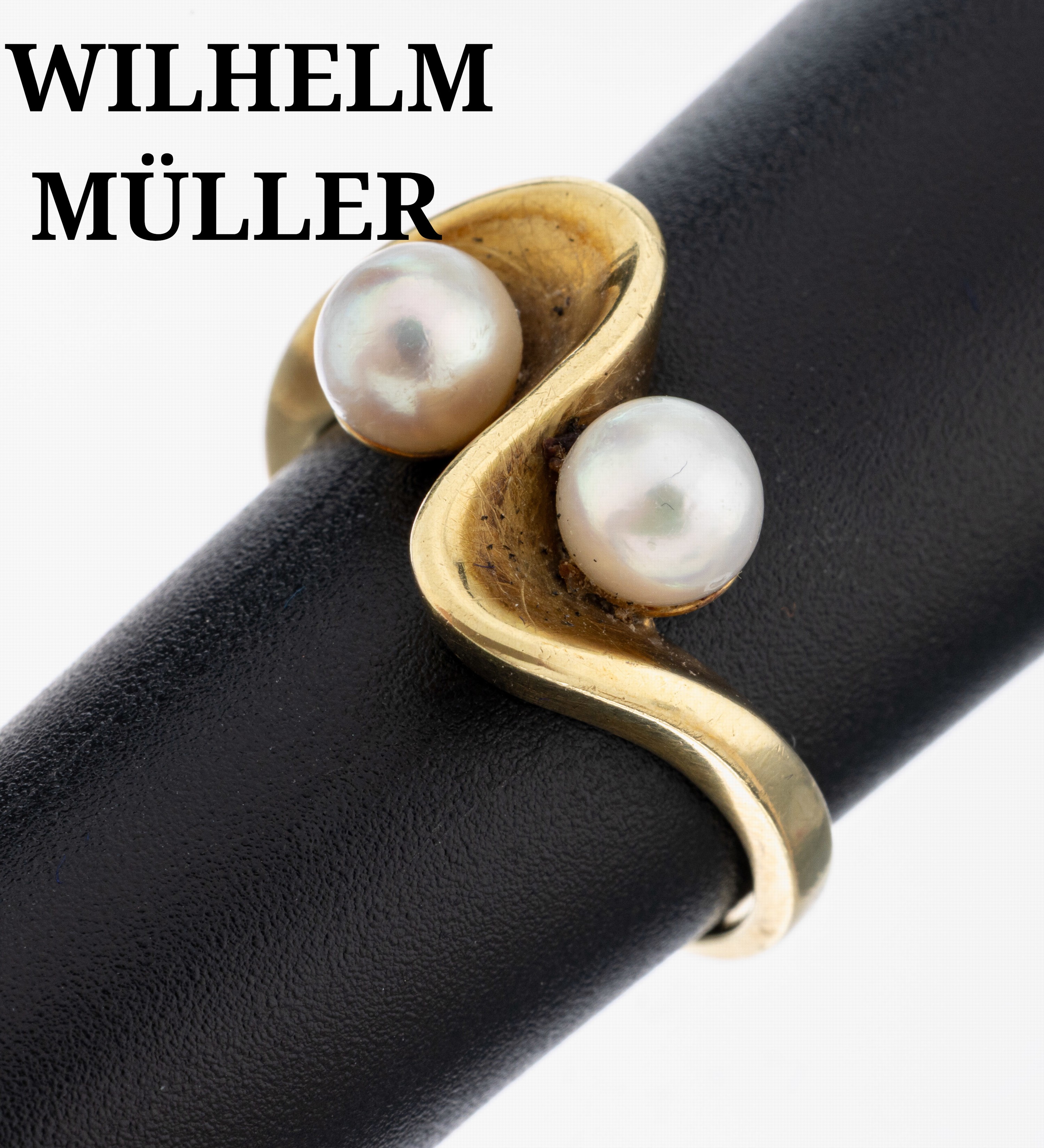 Image 27100852 - 14 kt Gold Perl-Ring, GG 585/000, geschwungenes Design, 2 Akoyazuchtperlen, D. ca. 5.4 ...