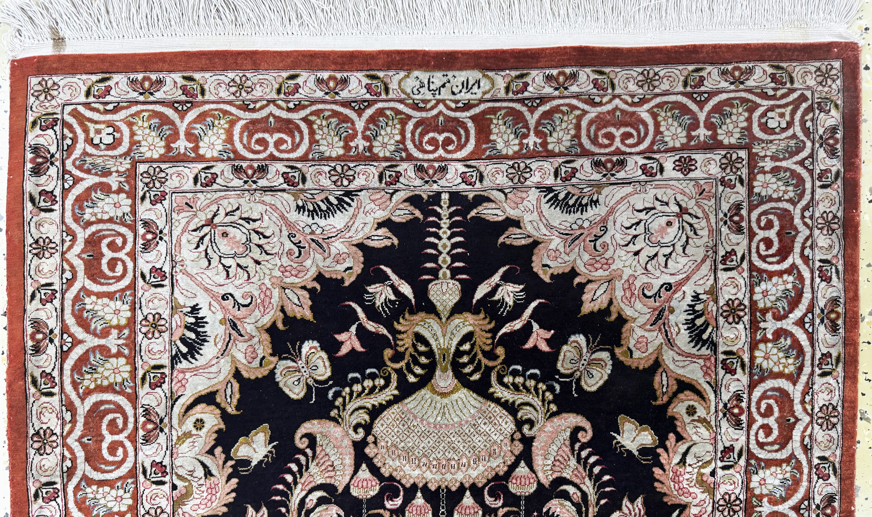 Detail a: Ghom Seide fein signiert, Persien, Ende 20.Jhd, reine Naturseide, ca. 124 x 79 cm, ca.1,0 Mio. Kn/qm, EHZ: 2
