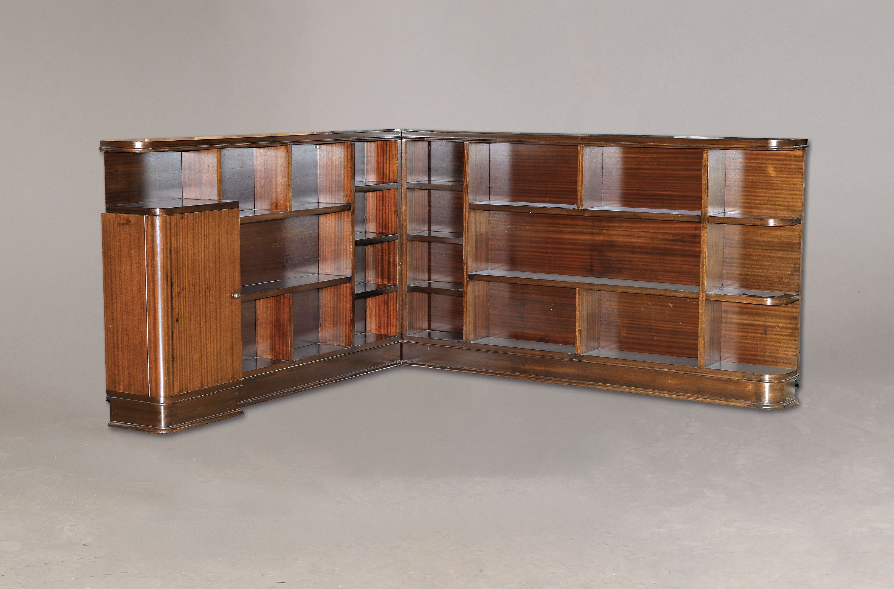 Image 27101229 - Eckregal, Art Deco, deutsch, 30er Jahre, Mahagonifurnier, zweiteilig, mit Bartüre, ...