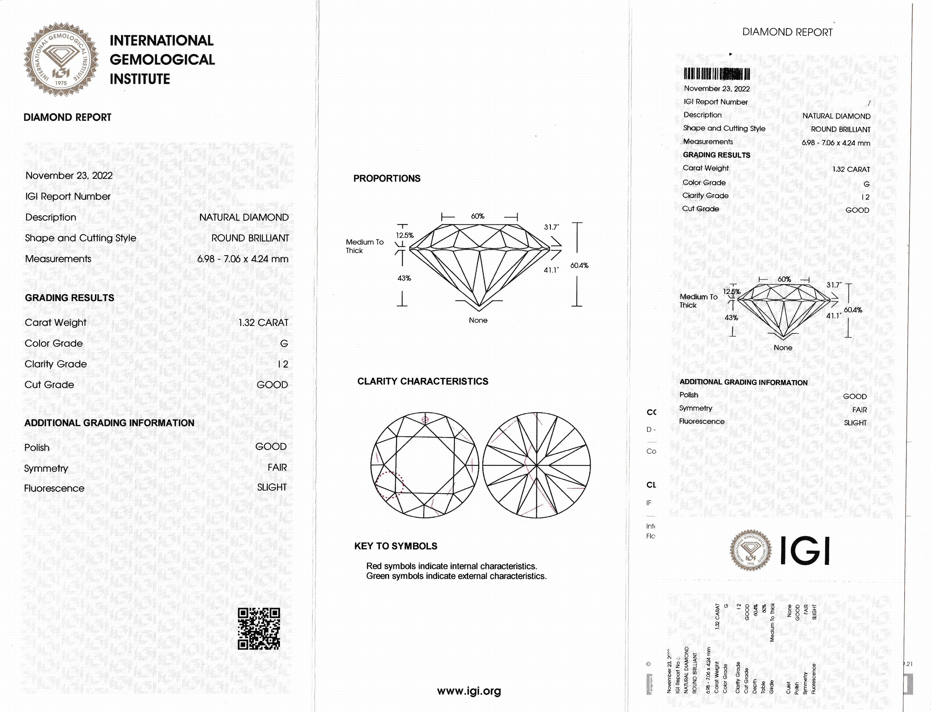 Detail a: Loser Brillant 1.32 ct feines Weiß(G)/p2, eingeschweißt, IGI-Expertise anbei