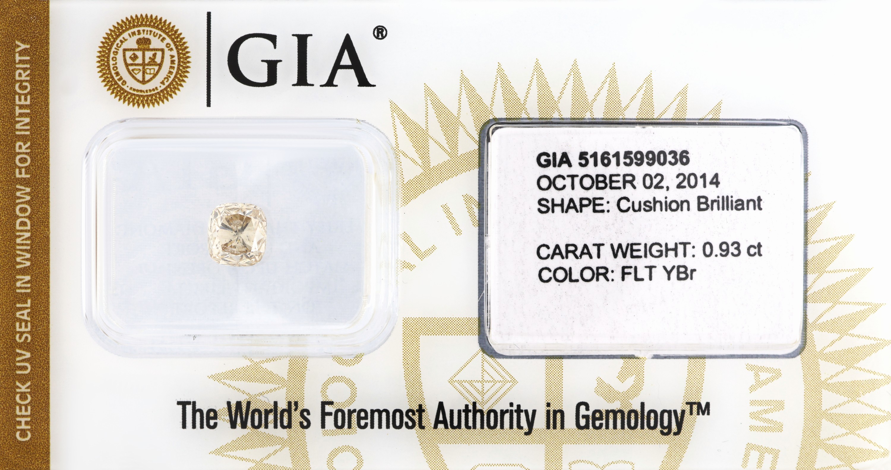 Image 27101358 - Loser Diamant, 0.93 ct Natural Fancy Light Yellow-Brown, Cushion Brilliant, 5.46 x 5.08 ...