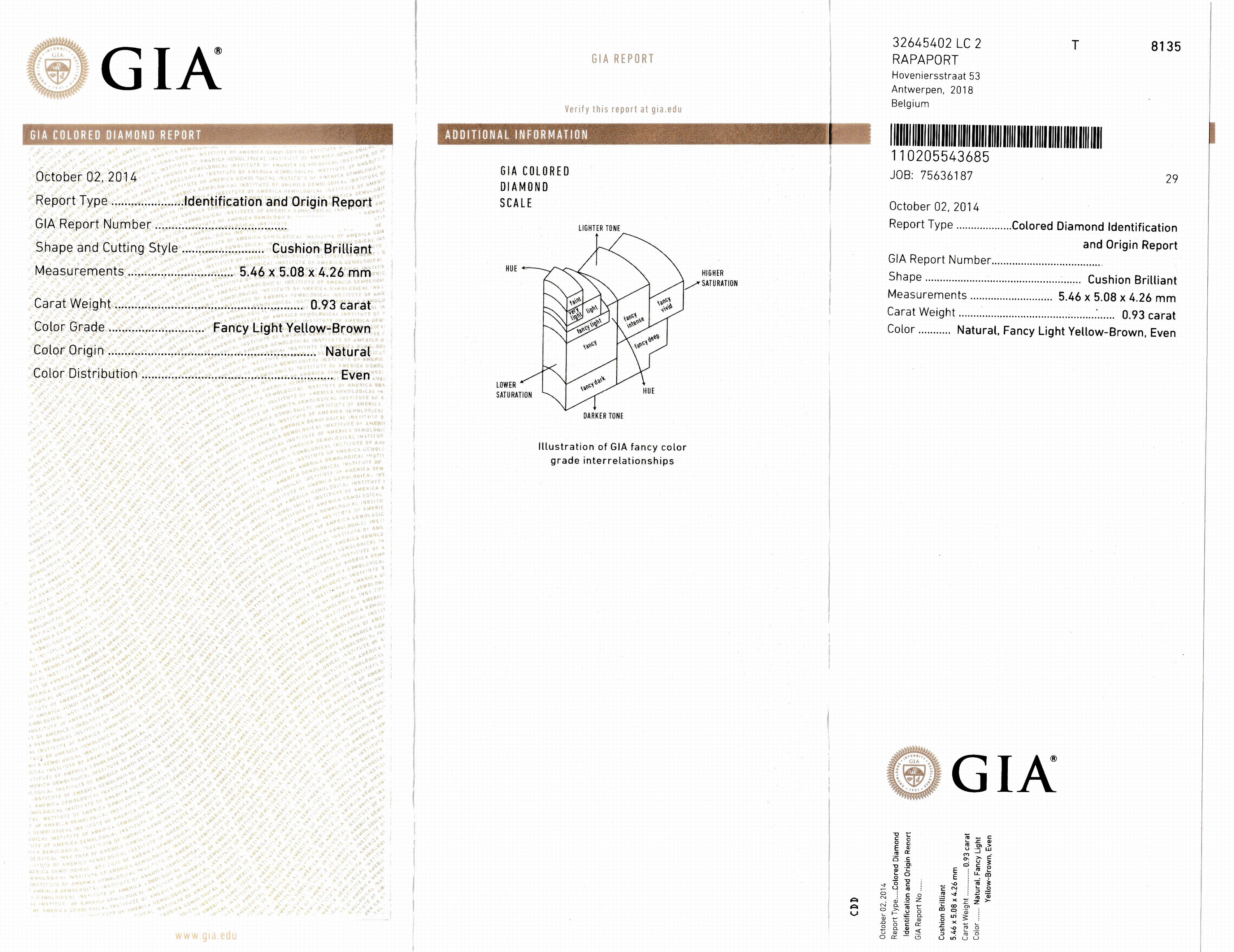 Detail a: Loser Diamant, 0.93 ct Natural Fancy Light Yellow-Brown, Cushion Brilliant, 5.46 x 5.08 x4.26 mm, eingeschweißt, IGI-Expertise