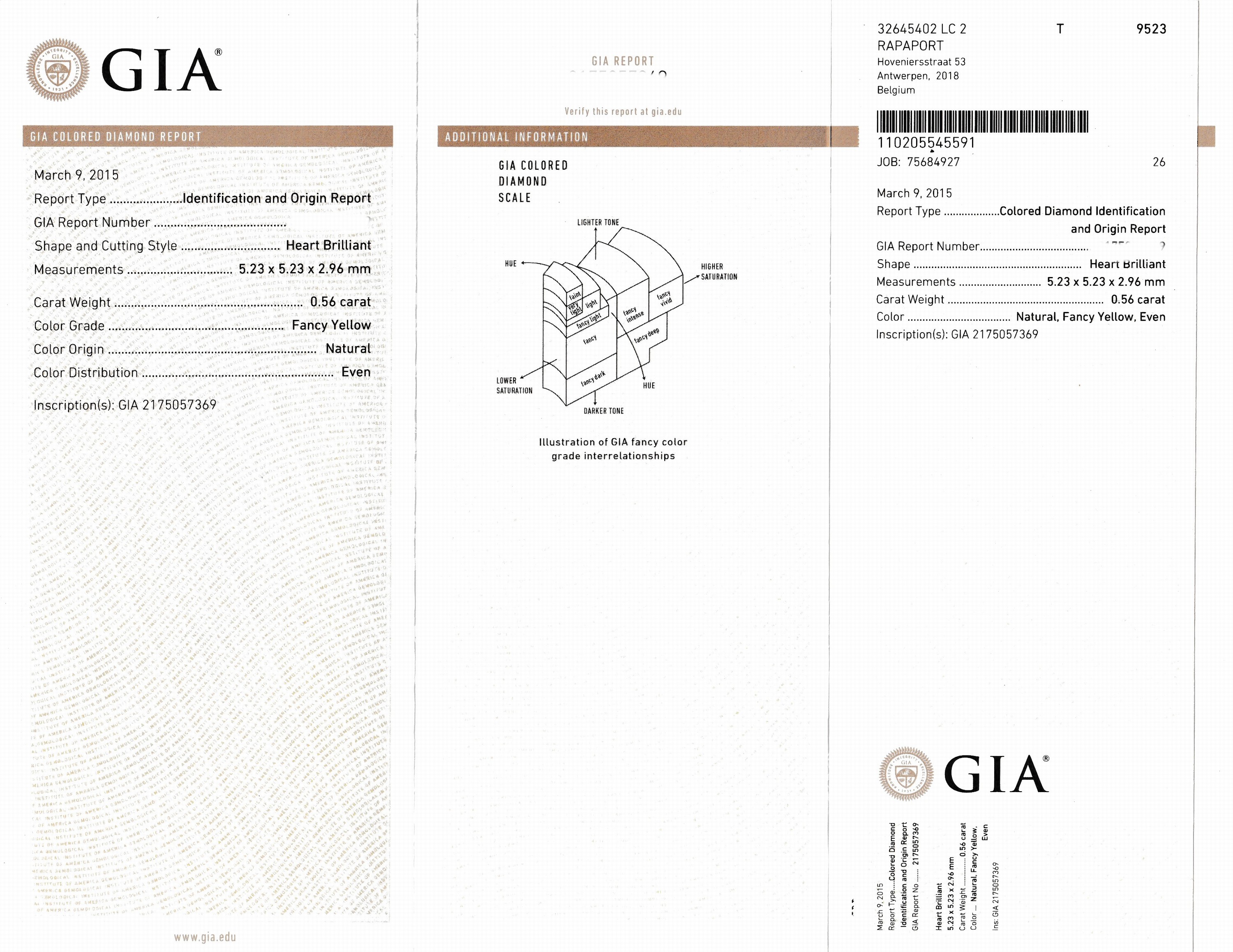 Detail b: Loser Diamant, 0.56 ct Natural Fancy Yellow, Herz, 5.23 x 5.23 x 2.96 mm, GIA-Expertise anbei