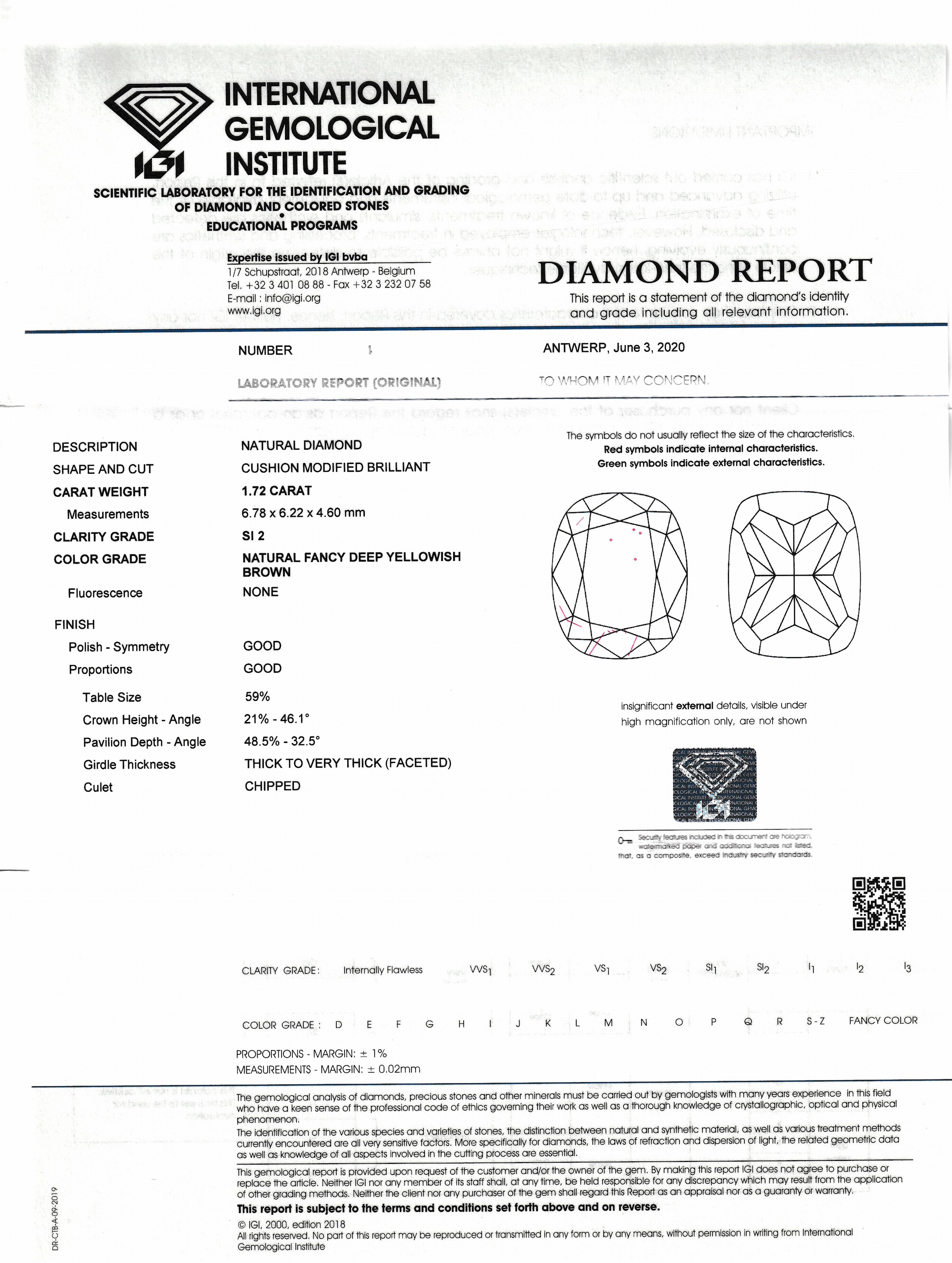 Detail a: Loser Diamant, 1.72 ct Natural Fancy Deep Yellowish Brown/si2, Cushion Modified Brilliant, 6.78 x 6.22 x 4.60 mm, eingeschweißt, IGI-Expertise