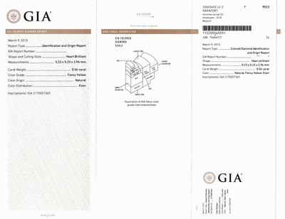 27101359b - Loser Diamant, 0.56 ct Natural Fancy Yellow, Herz, 5.23 x 5.23 x 2.96 mm, GIA-Expertise ...