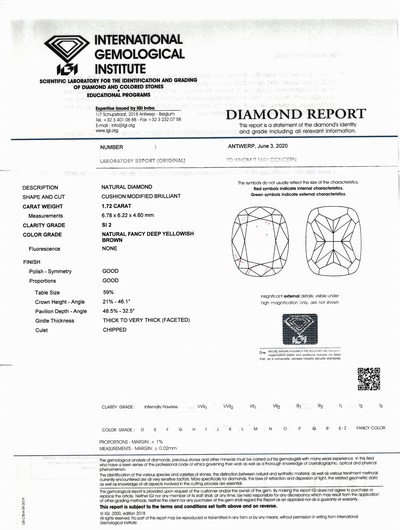 27101369a - Loser Diamant, 1.72 ct Natural Fancy Deep Yellowish Brown/si2, Cushion Modified ...
