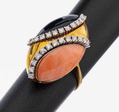 Image 18 kt Gold Onyx-Koralle-Brillant-Ring, GG/WG 750/000, ovaler Ringkopf, Onyx- und ...