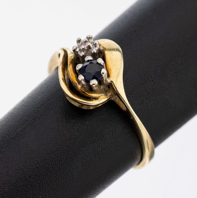 Image 14 kt Gold Saphir-Diamant-Ring, GG 585/000,geschwungenes Design, 1 kl. rundfacett. ...