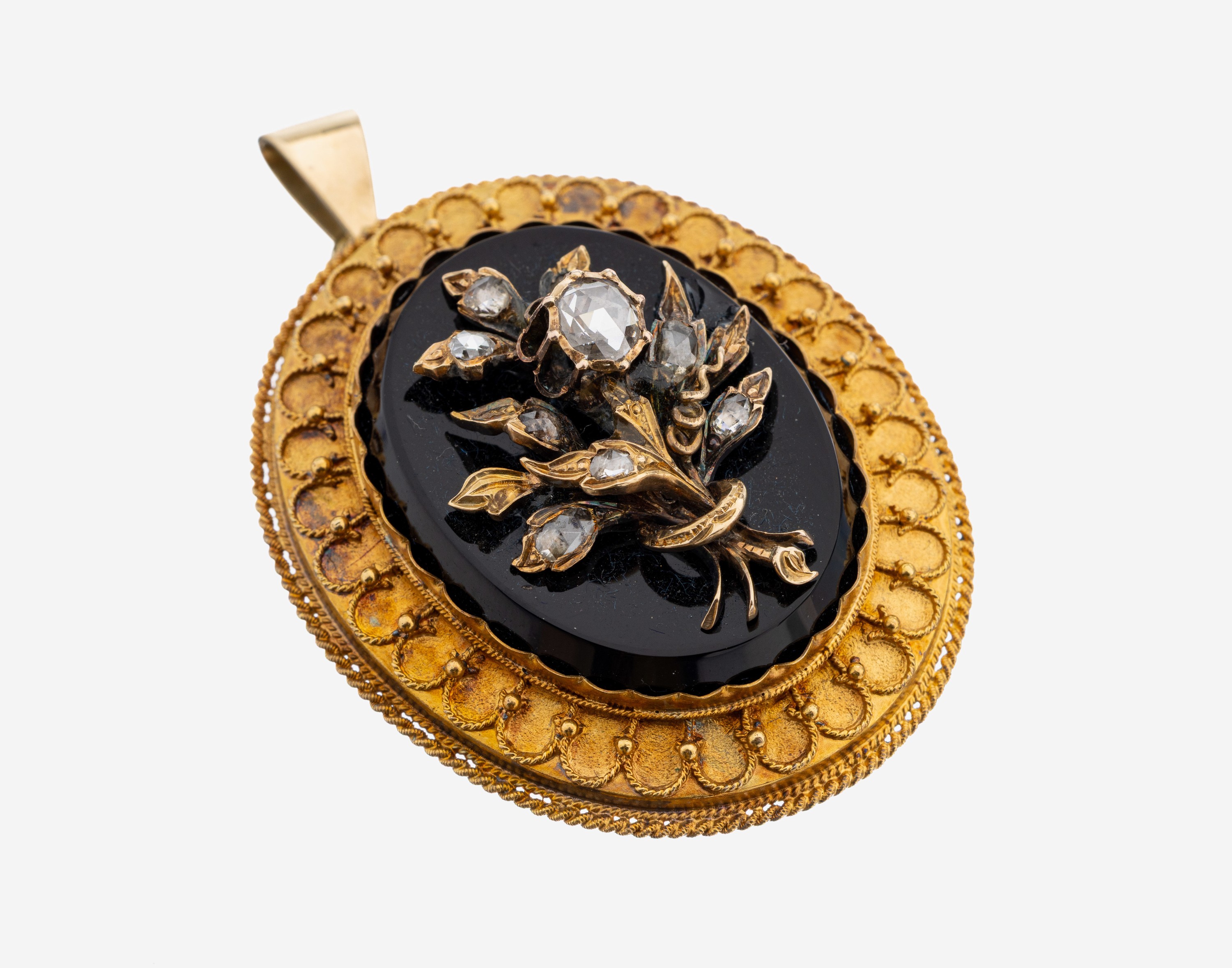 Image 27102117 - 14 kt Gold Biedermeier Diamant-Onyx-Anhänger, um 1860-70, GG 585/000 gepr., ovale ...