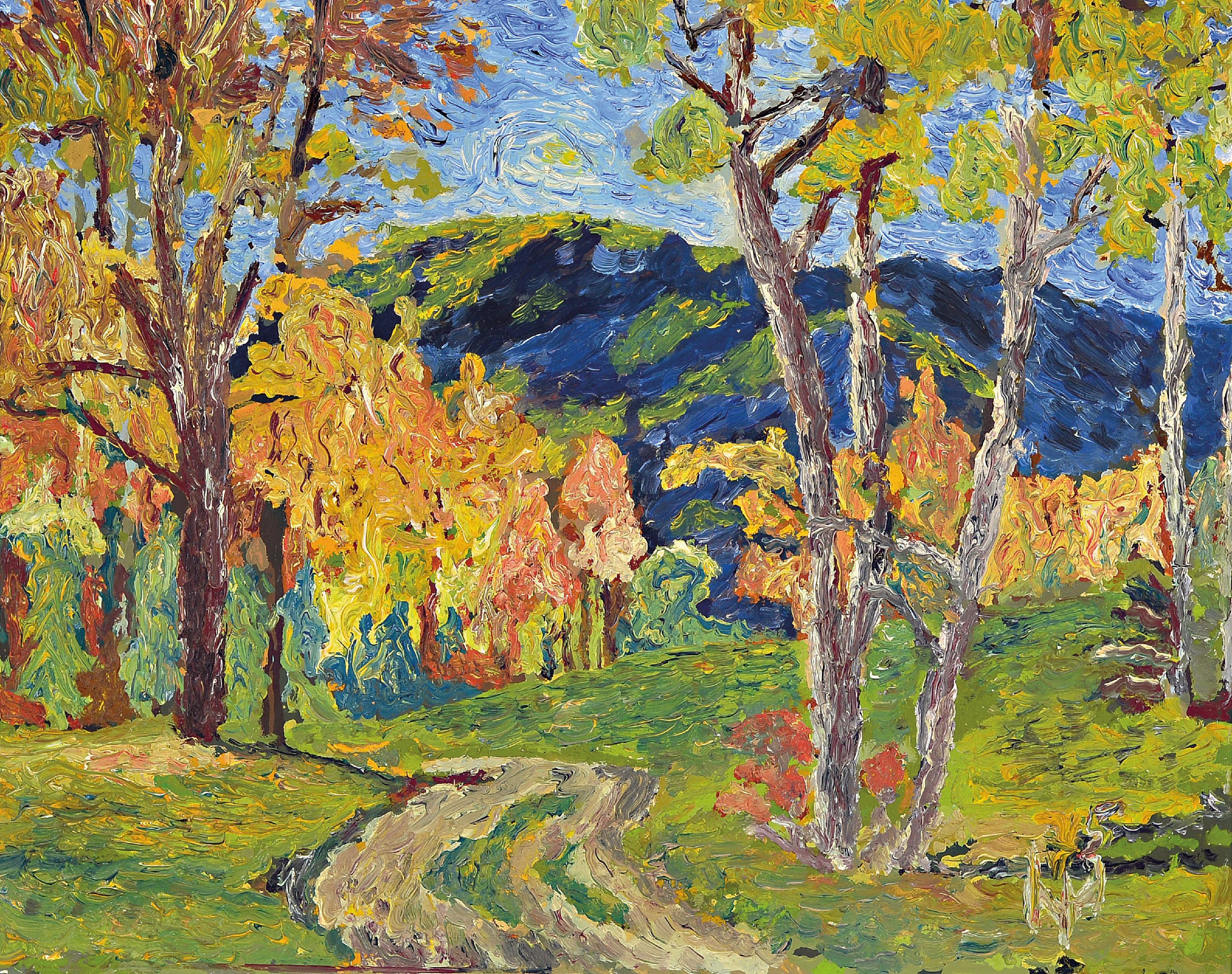 Image 27102324 - Monogrammist HH, um 1930-40, Herbstliche Landschaft, Öl/Malkarton, rechts unten ...