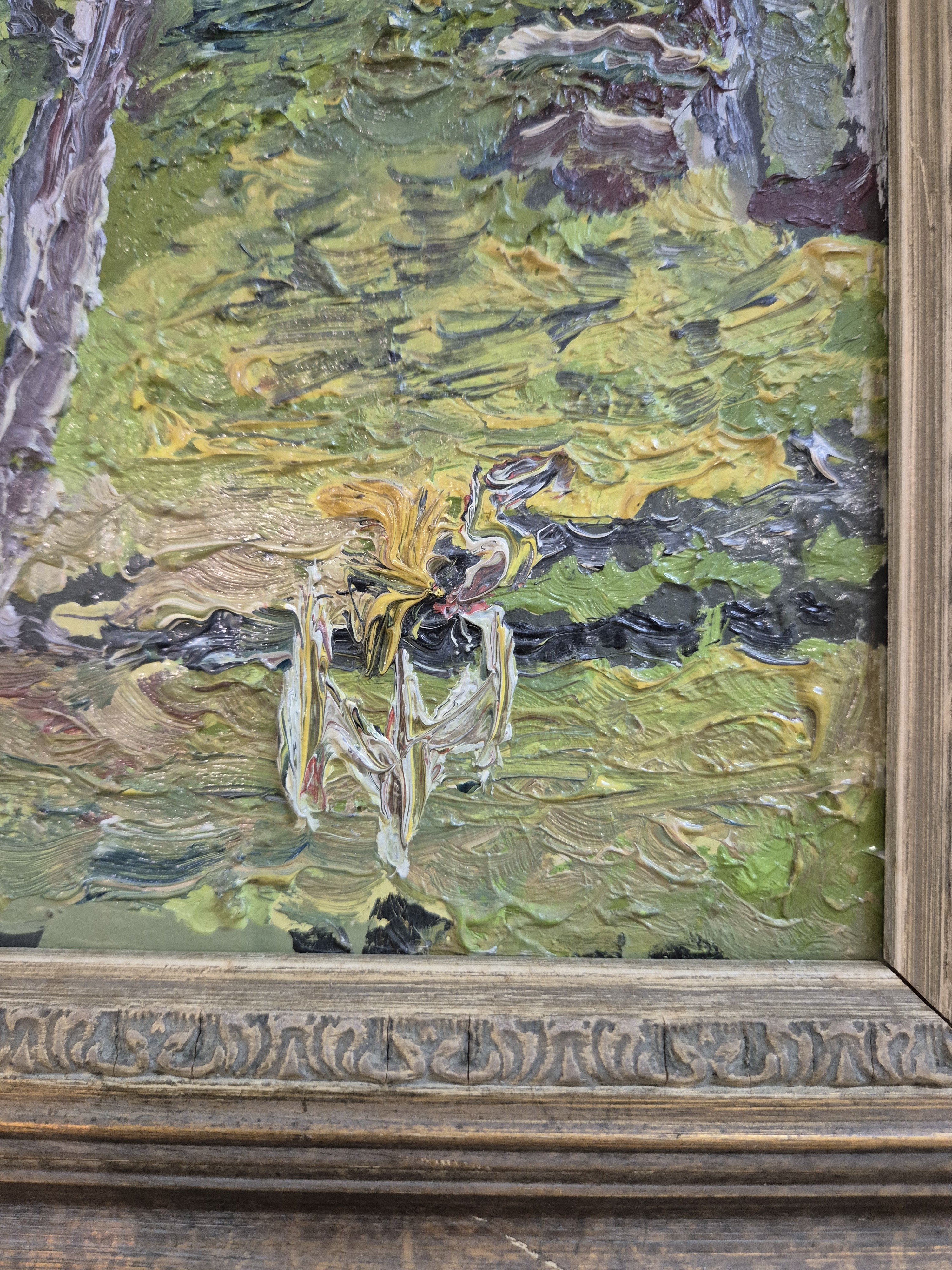 Detail a: Monogrammist HH, um 1930-40, Herbstliche Landschaft, Öl/Malkarton, rechts unten monogrammiert, pastoser expressiver Farbauftrag, ca. 40x50cm, Rahmen