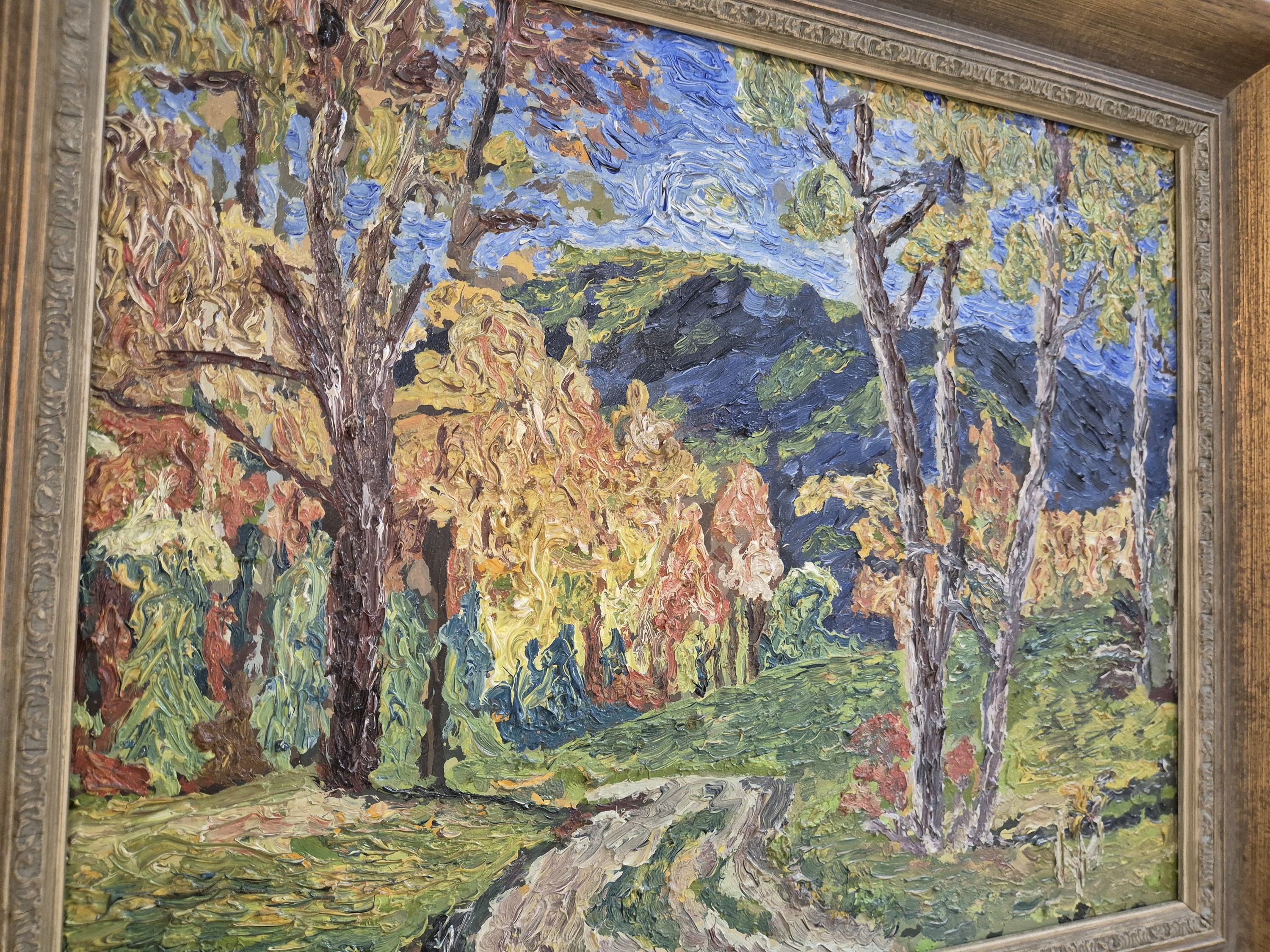 Detail b: Monogrammist HH, um 1930-40, Herbstliche Landschaft, Öl/Malkarton, rechts unten monogrammiert, pastoser expressiver Farbauftrag, ca. 40x50cm, Rahmen