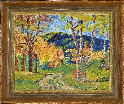 27102324k - Monogrammist HH, um 1930-40, Herbstliche Landschaft, Öl/Malkarton, rechts unten ...