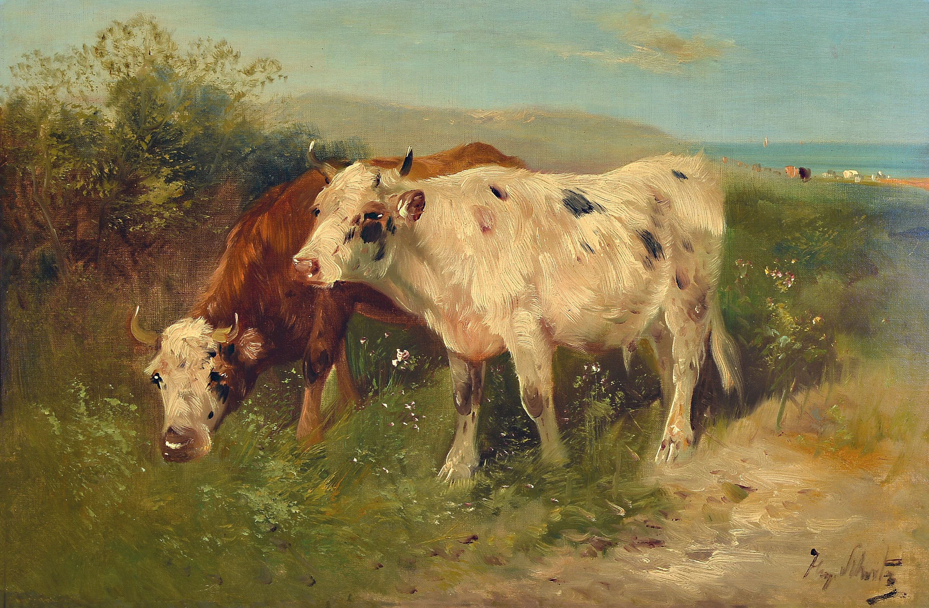 Image 27102401 - Henry Schouten, 1864 Indonesien-1927 Gent, zwei Kühe auf der Weide, Öl/Lwd, rechts ...