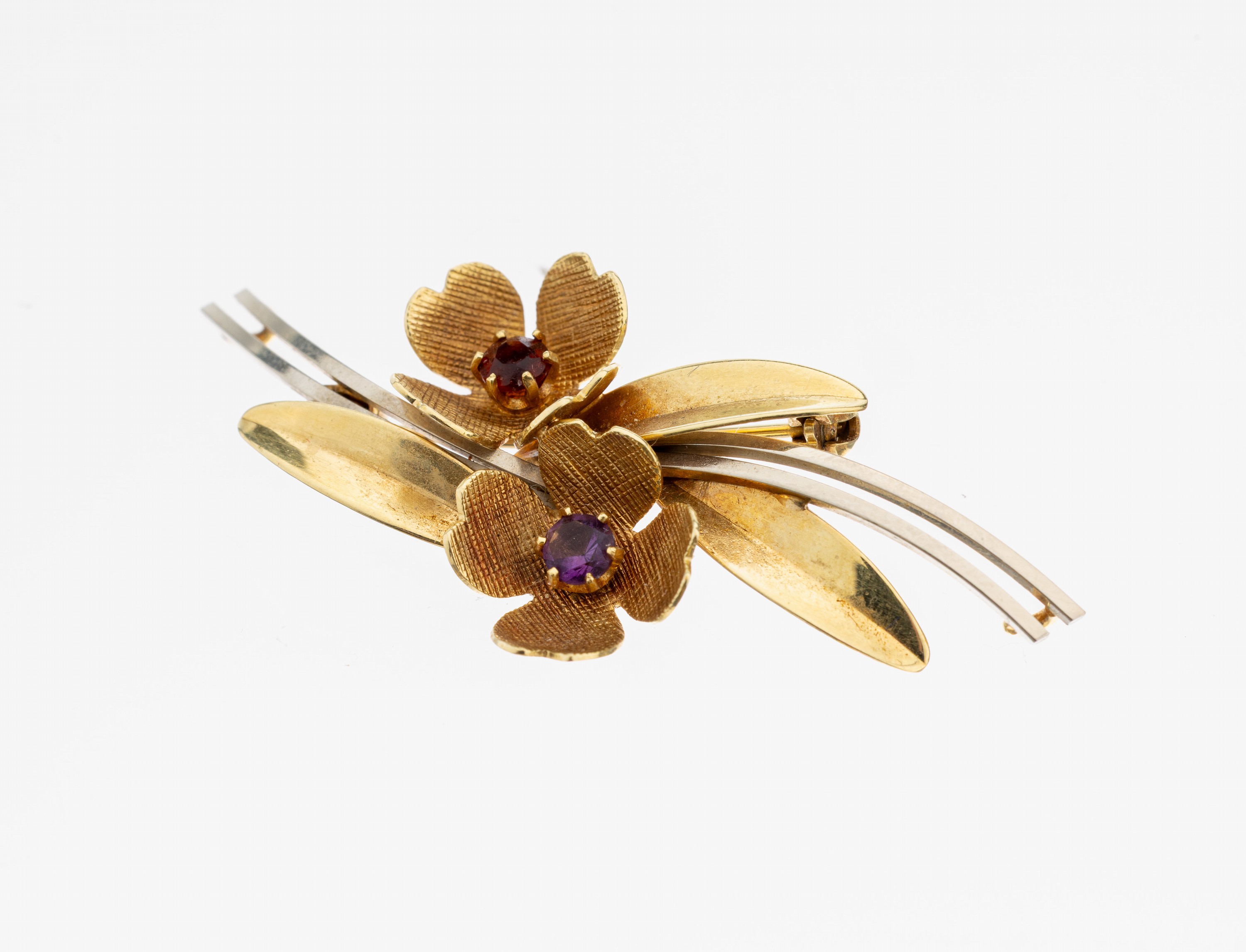 Image 27102435 - 14 kt Gold Farbstein-Brosche, 1960er Jahre, GG/WG 585/000, abstrakt floral, Blüten ...