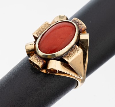 Image 14 kt Gold Korallen-Ring, GG 585/000, architektonischer Aufbau, part. strukt., ovaler ...