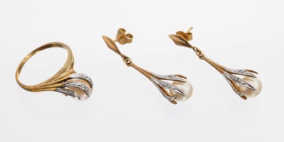 Image 14 kt Gold Perl-Diamant-Schmuckset, GG 585/000, part. rhod., best. aus: 1 Ring, RW 55, ...