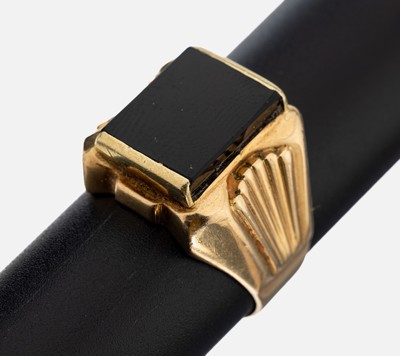 Image 14 kt Gold Onyx-Herrenring, GG 585/000, freie Onyxplatte, Ringschultern gerillt, RW 64, ...