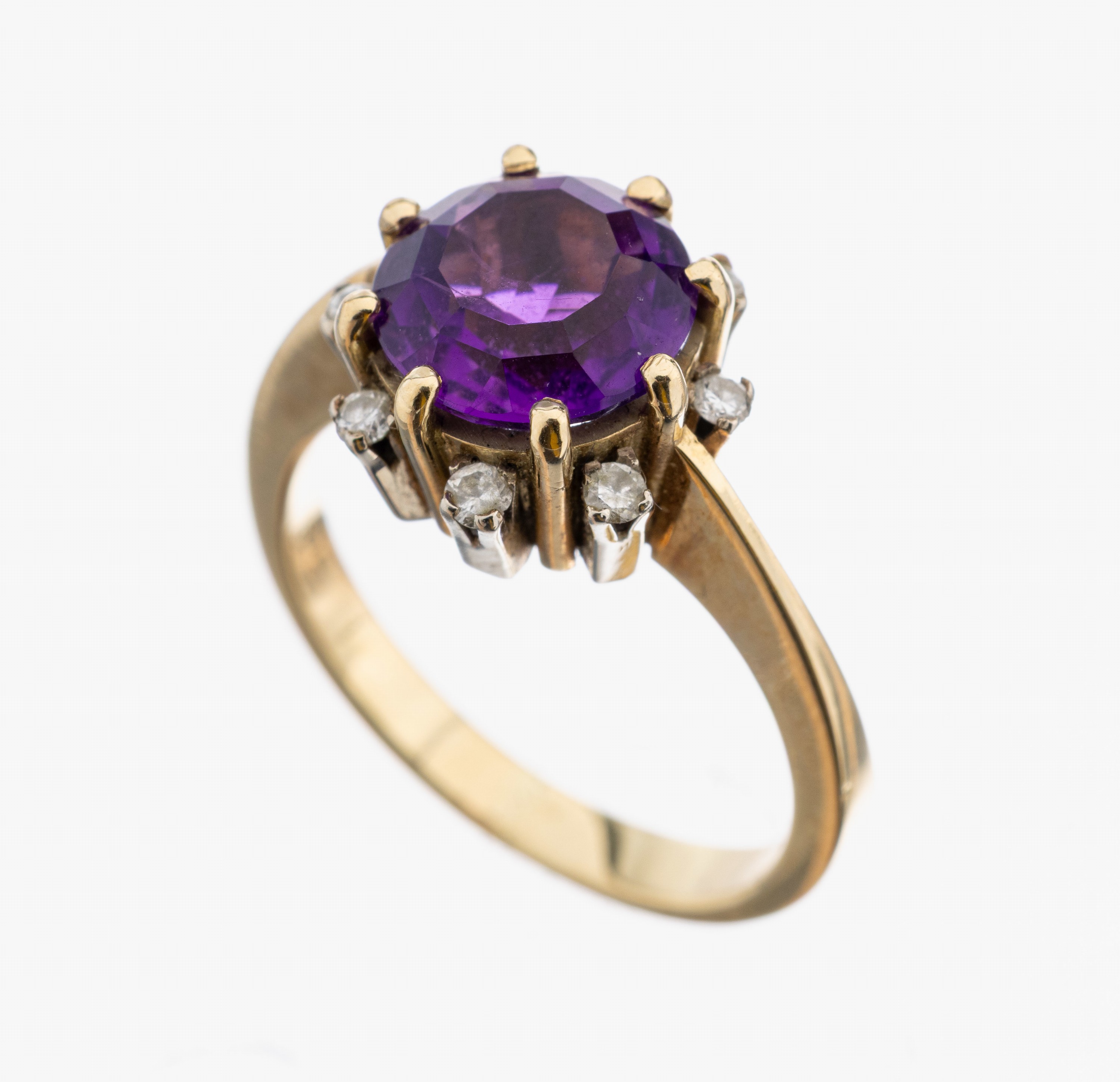 Image 27103435 - 14 kt Gold Amethyst-Saphir-Ring, GG 585/000, rundfacett. Amethyst von schöner Farbe ...