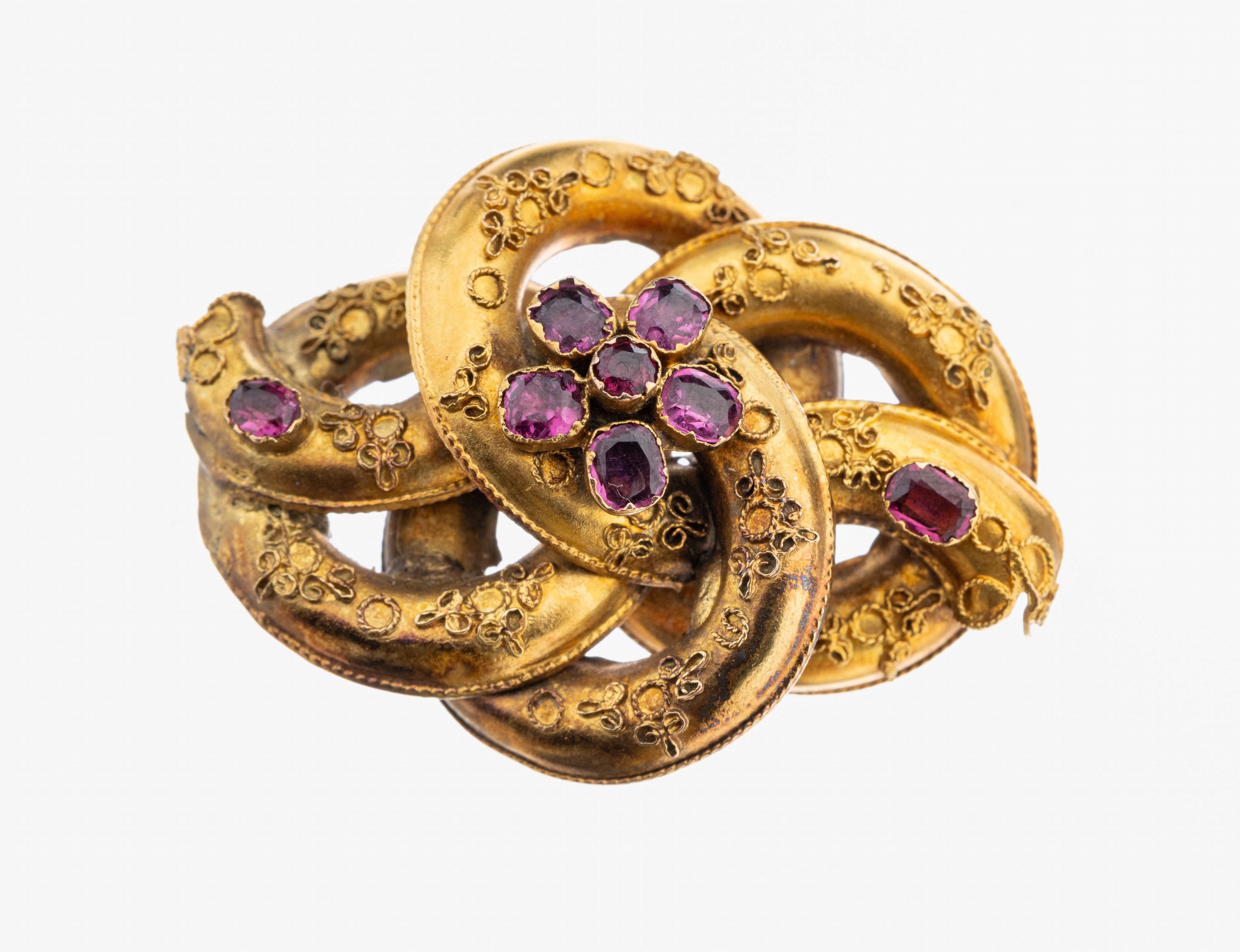Image 27103448 - 14 kt Gold Farbstein-Brosche, um 1880-90, GG 585/000 gepr., in sich verschlungen, ...