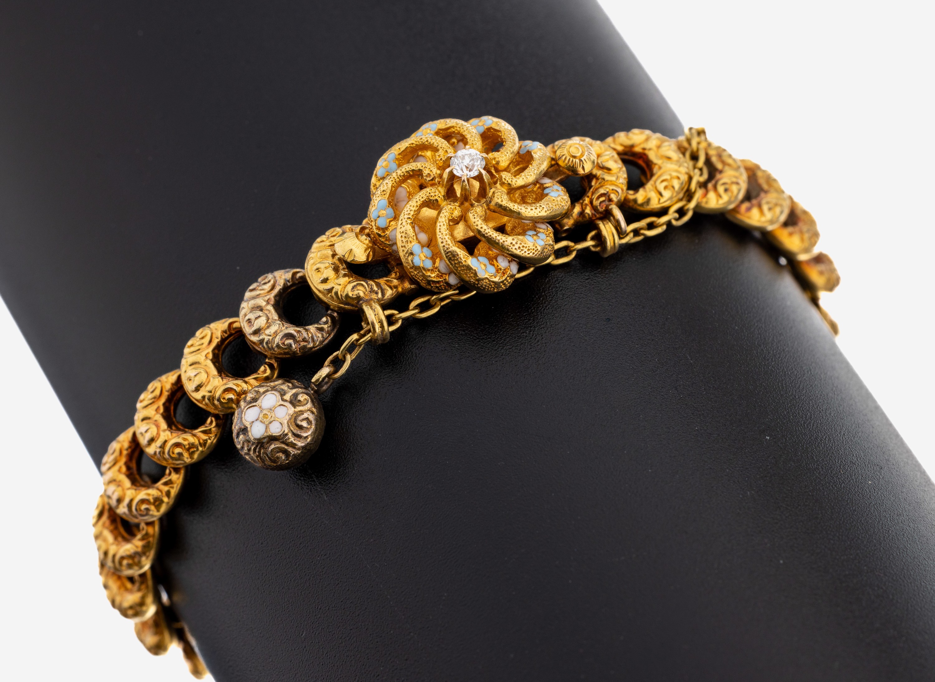 Image 27103449 - 14 kt Gold Diamant-Email-Armband, um 1860-70, GG 585/000 gepr., nachträglich verg., ...