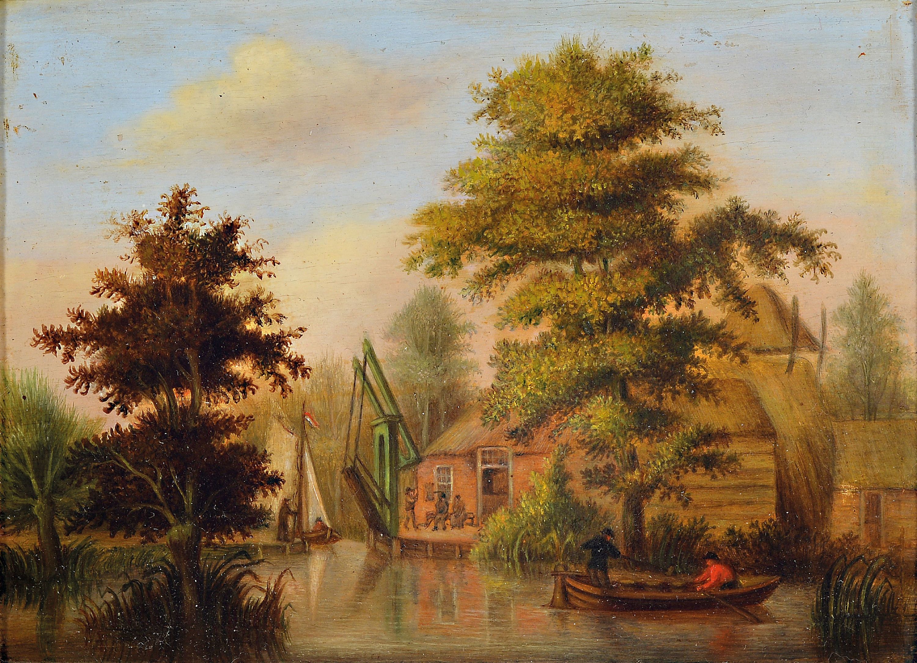 Detail a: Unbekannter niederländischer Traditionalist, 19.Jh., Paar Pendants, niederländische Flusslandschaften, Figurenstaffage, unsigniert, Öl/Holz, ...