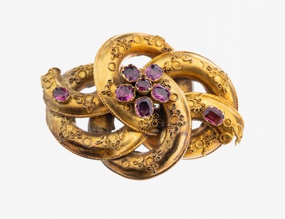 Image 14 kt Gold Farbstein-Brosche, um 1880-90, GG 585/000 gepr., in sich verschlungen, ...