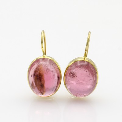 Image Paar Ohrhaken mit Turmalinen, GG 585/000, rosa Turmalincabochons ca. 29.3 ct ...