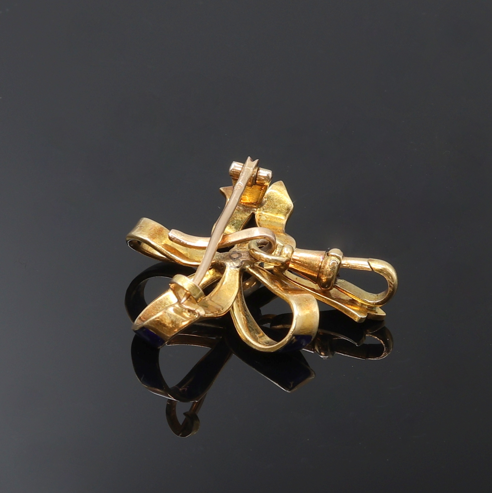 Detail f: Emaillierte offene Damentaschenuhr in GG 750/000 mit Diamanten und emaillierter Brosche in Form einer Schleife, Schweiz/Frankreich um 1890, Ränder ...