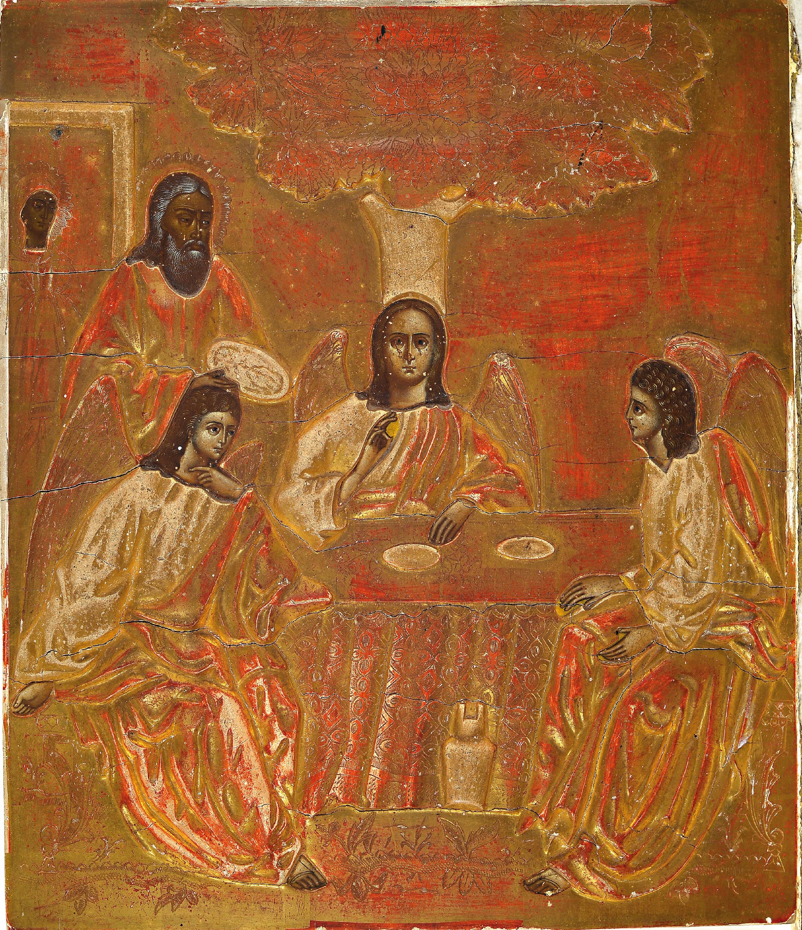 Detail k: Ikone, Russland, um 1900, Holz, reliefiert geschnitzt, reich vergoldet, Darstellung der Dreifaltigkeit, ca. 32x27cm