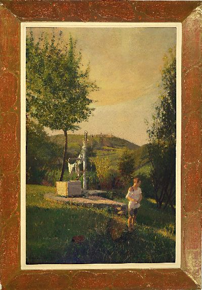27103526k - Emanuel Baschny, 1873 Sternberg-1932 Wien, sommerlicher Garten mit einem Knaben, ...