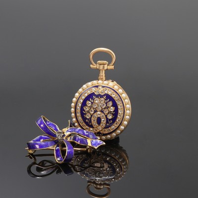 Image Emaillierte offene Damentaschenuhr in GG 750/000 mit Diamanten und emaillierter Brosche ...