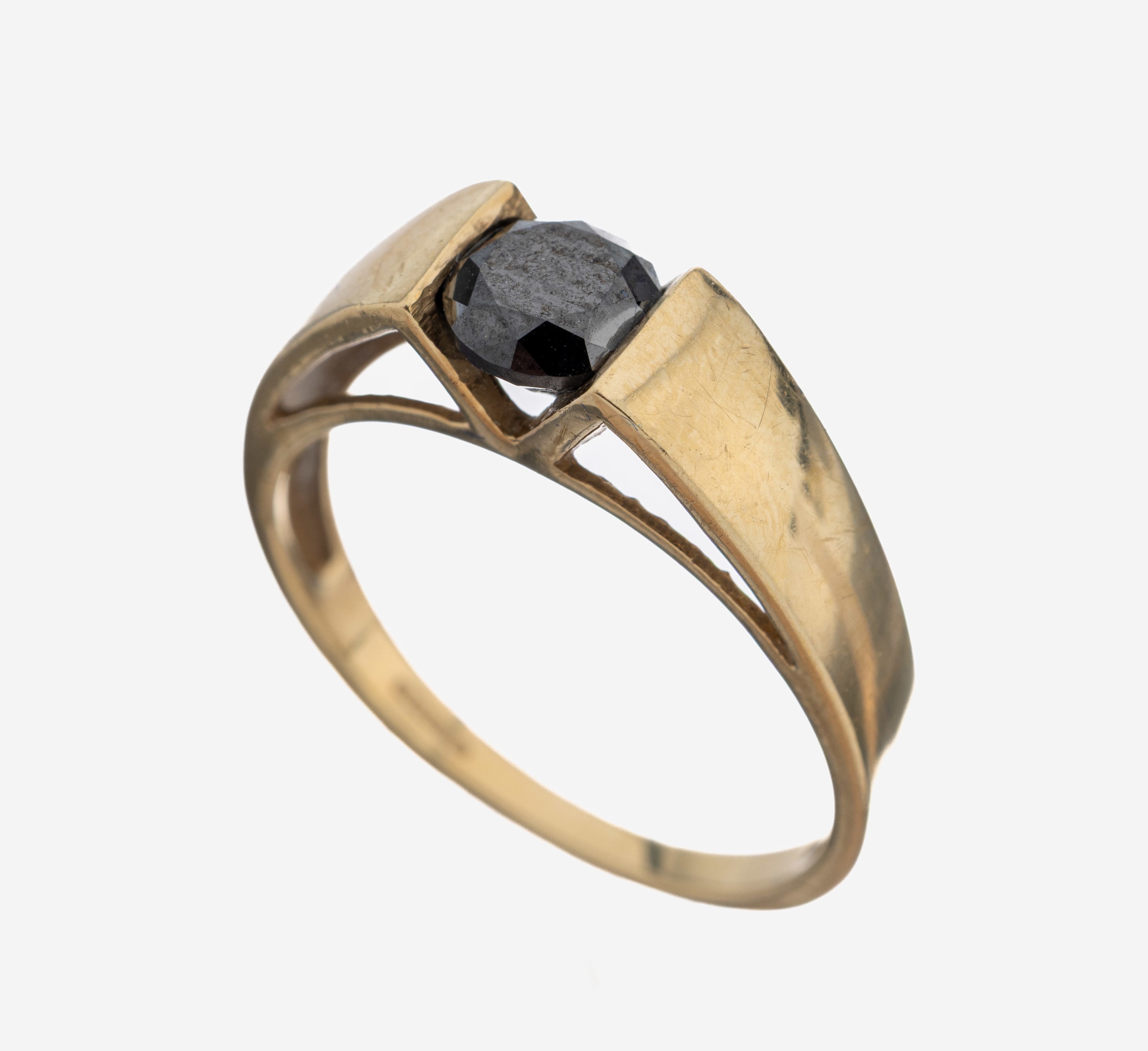 Image 27103829 - 9 kt Gold Brillant-Ring, GG 375/000, Spannringoptik, schwarzer Brillant (beh.) ca. 0.91 ...
