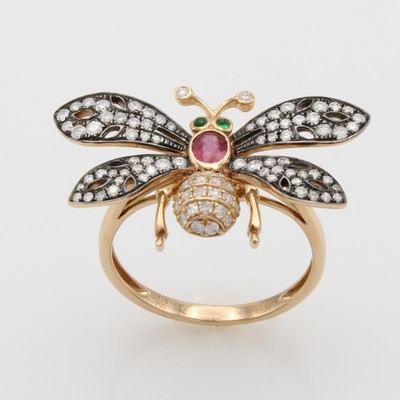 27103867a - Ring ´Schmetterling´ mit Farbsteinen und Brillanten, RoséG 750/000, Rubin u. ...