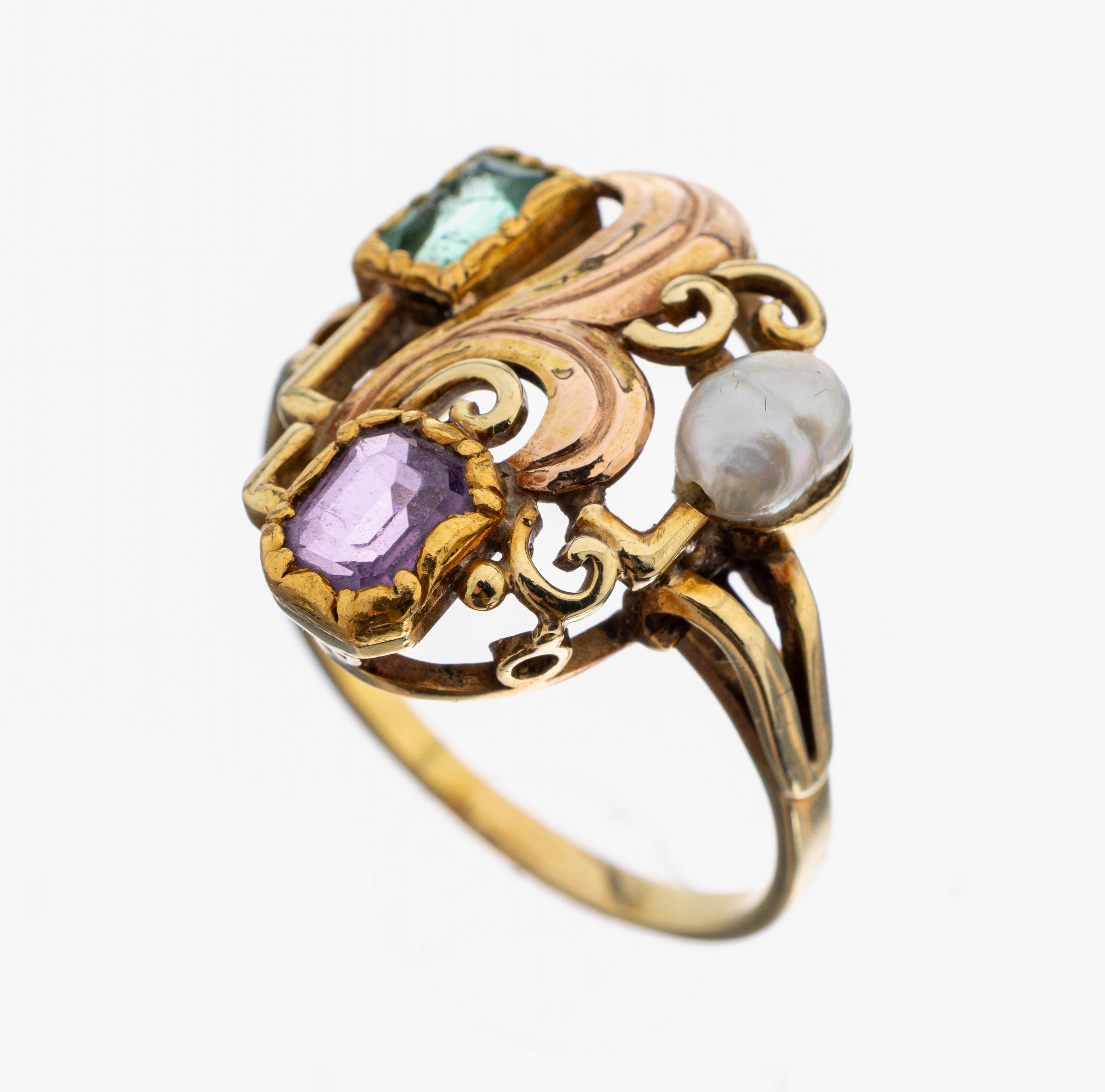 Image 27104128 - 14 kt Gold Farbstein-Perl-Ring, GG 585/000,Smaragd im Treppenschliff, stark besch., ...