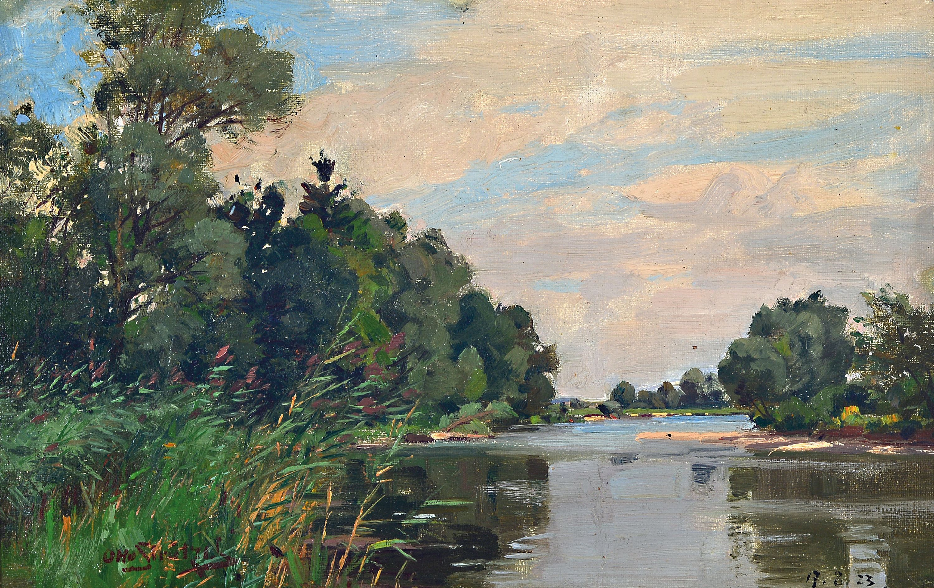 Image 27104353 - Otto Strützel, 1855 Dessau - 1930 München, sommerliche Flußlandschaft, Öl/Malkarton, ...