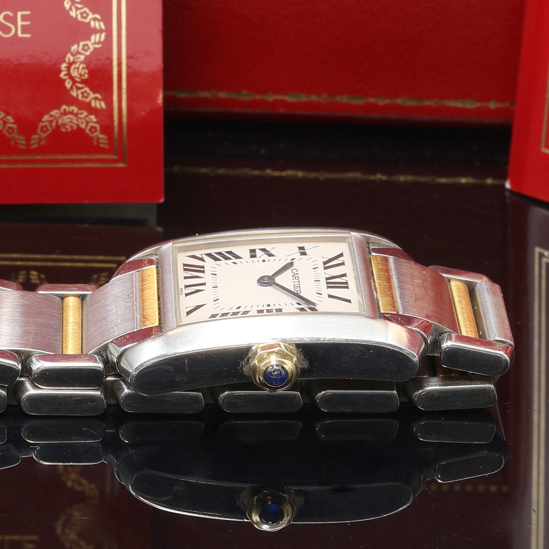 Detail c: CARTIER Tank Francaise Armbanduhr Referenz 2301, Schweiz verk. lt. beil. Pap. 02/1999, quarz, Edelstahl/Gold komb. inkl. orig. Gliederband m. dopp. ...