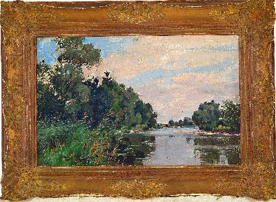 27104353k - Otto Strützel, 1855 Dessau - 1930 München, sommerliche Flußlandschaft, Öl/Malkarton, ...