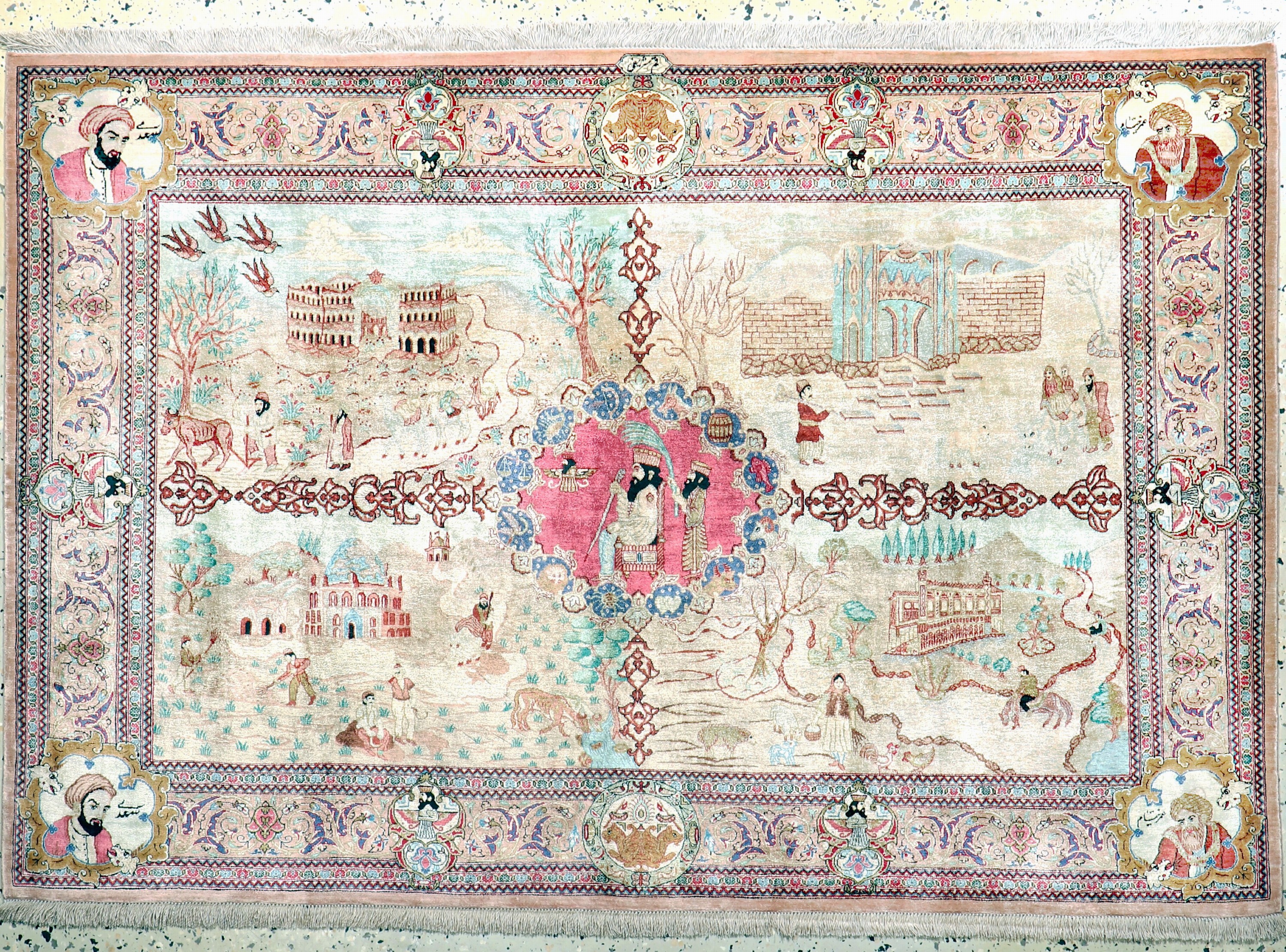 Image 27104449 - Ghom Seide fein Persien, ´Vier Jahreszeiten´signiert´Scharifi´, Neu, reine Naturseide, ...