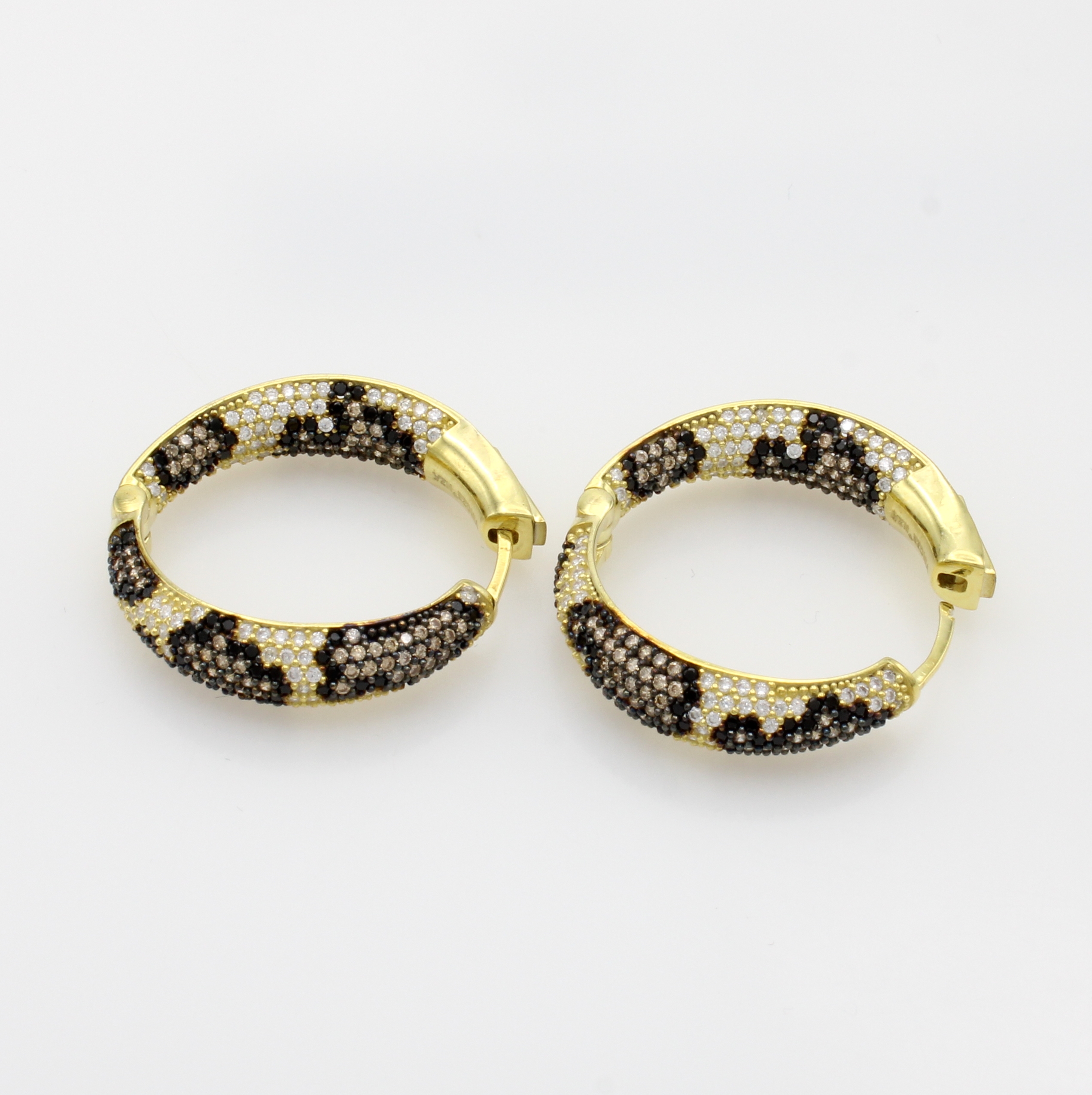 Image 27104470 - Paar Klappcreolen mit Zirkonias, 925er Silber verg., Fleckenmuster, weiße und braune ...