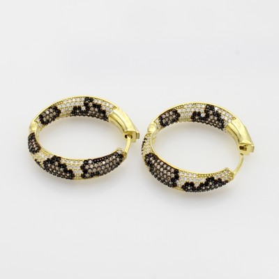 Image Paar Klappcreolen mit Zirkonias, 925er Silber verg., Fleckenmuster, weiße und braune ...