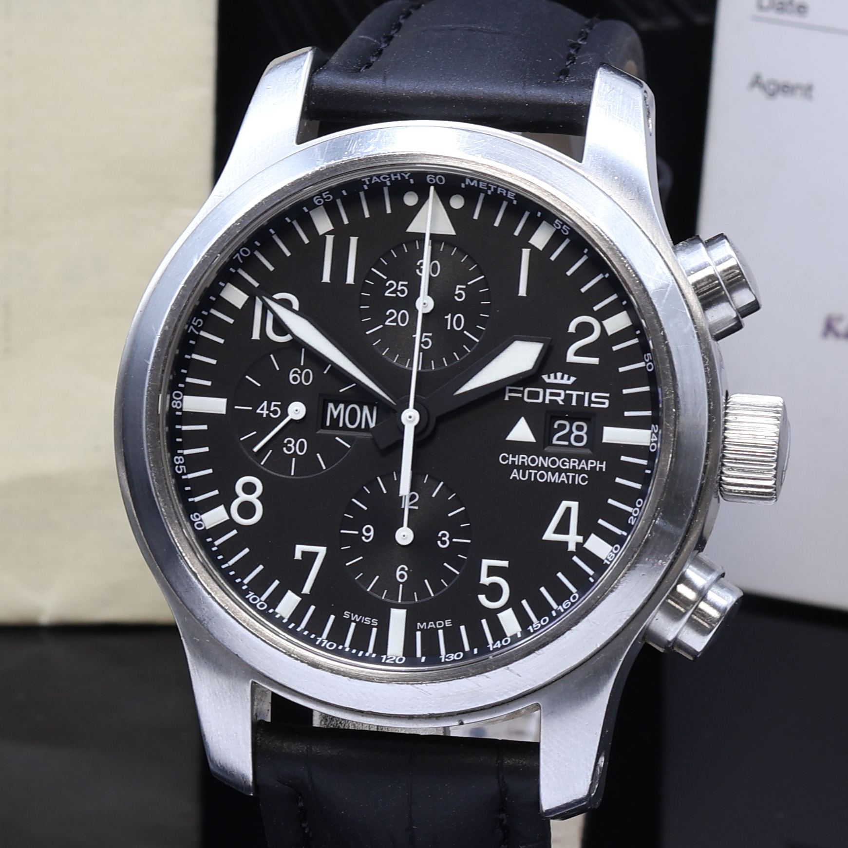 Detail a: FORTIS B-42 Fliegerchronograph Referenz 656.10.11, Schweiz verk. lt. beil. Garantie 09/2009, beids. vergl. Edelstahlgeh. inkl. orig. Lederband ...